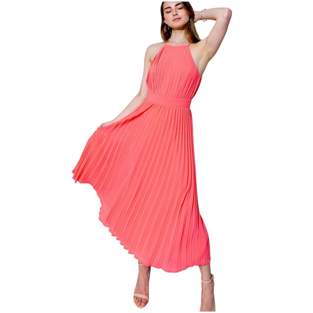 FLYING TOMATO Neon Coral Midi‎ Dress Accordion Pleat Size M High Neck